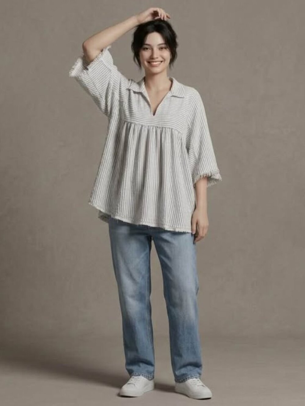 Ces femme Boho Striped Crinkle Cotton Gauze Babydoll Blouse